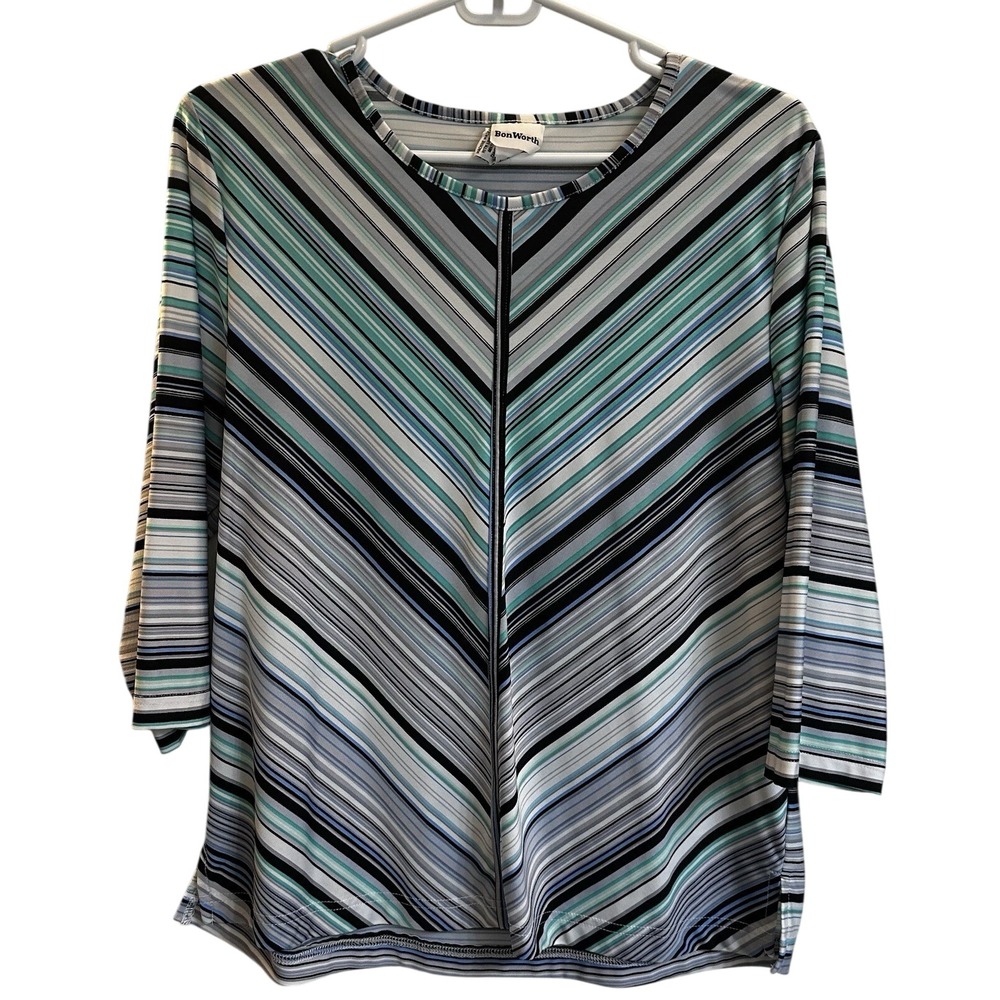 BonWorth Womens Blue Teal Striped 3/4 Sleeve Top MP Style 45903